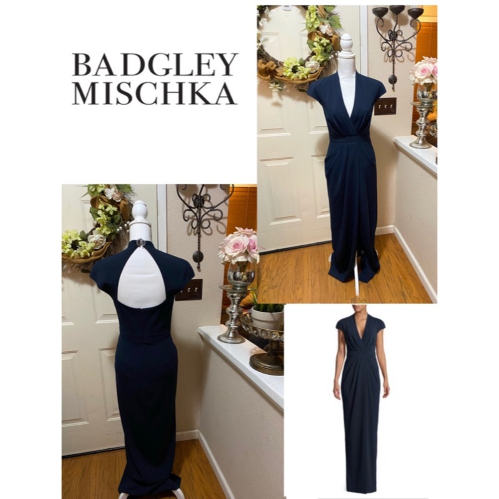 Badgley Mischka Navy Brooch Clasp Draped Dress